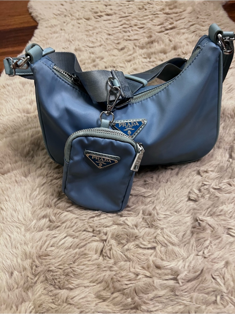 Prada Powder Blue Nylon Shoulder Bag with Detachable Pouch